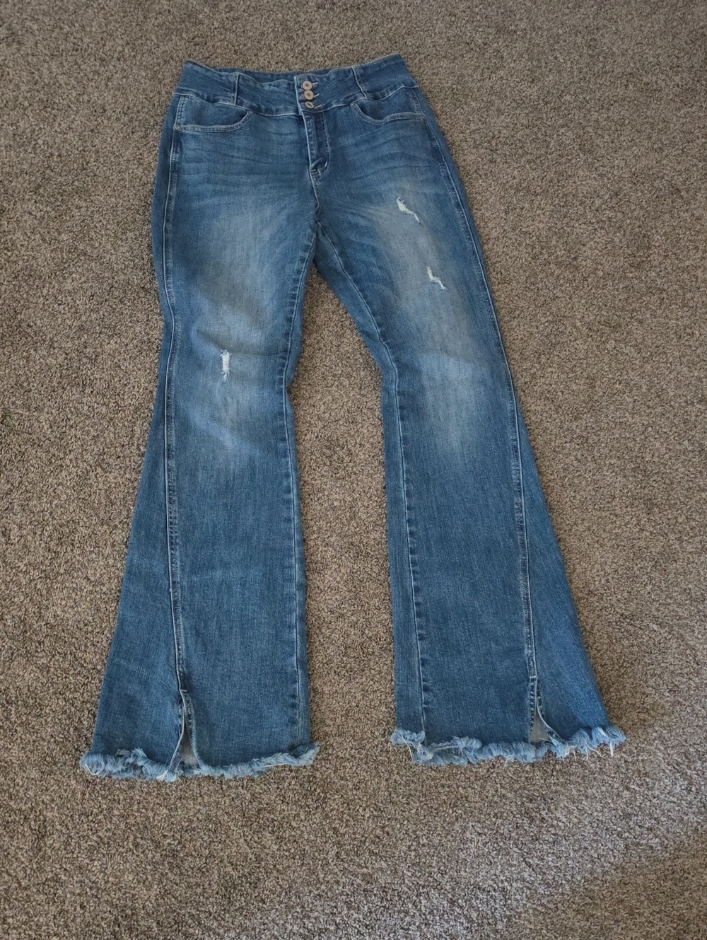 KanCan Medium Blue Distressed Flare Jeans with Frayed Split Hem
